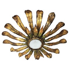 Vintage Sunburst Flower Light Fixture in Gilt Iron and Green Accents