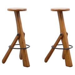 Set '2' Oak Brutalist Bar Stools, 70s