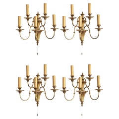 Four English Victorian Style Brass Five-Light Electrified Wall Sconces