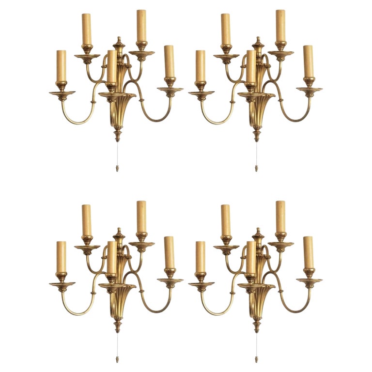 Four English Victorian Style Brass Five-Light Electrified Wall Sconces ...