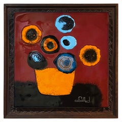 Copper Enamel Art Abstract Vibrant Modern Flowers in a Vase by Callado Mexico DF
