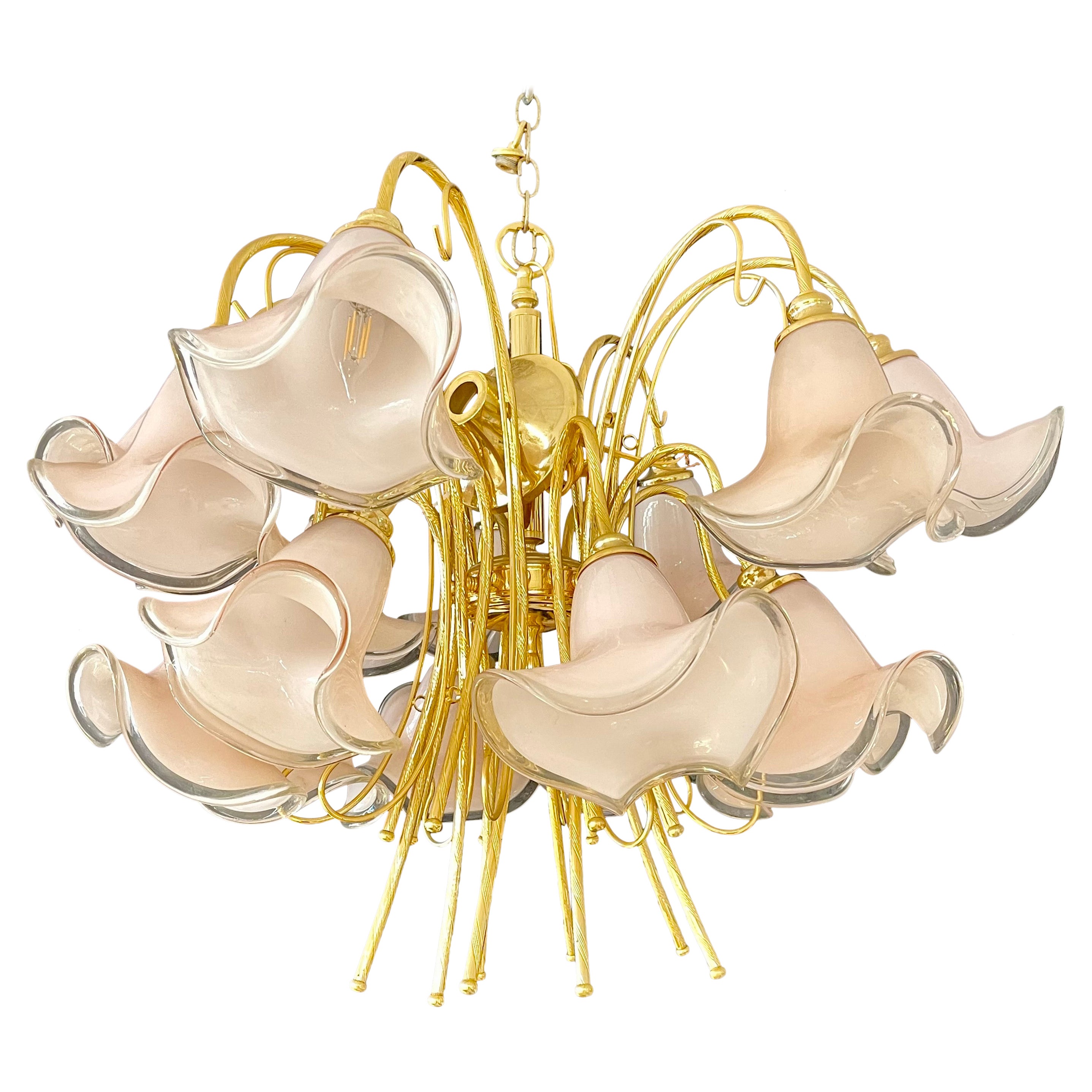 Pink Murano Glass Tulip-Form Brass Chandelier For Sale