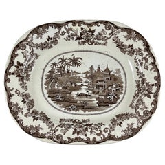 Antique 19th Century English Sepia Transferware Chinoiserie Pagodas Shallow Oval Bowl