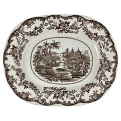 19th Century English Sepia Transferware Chinoiserie Pagodas Shallow Oval Bowl