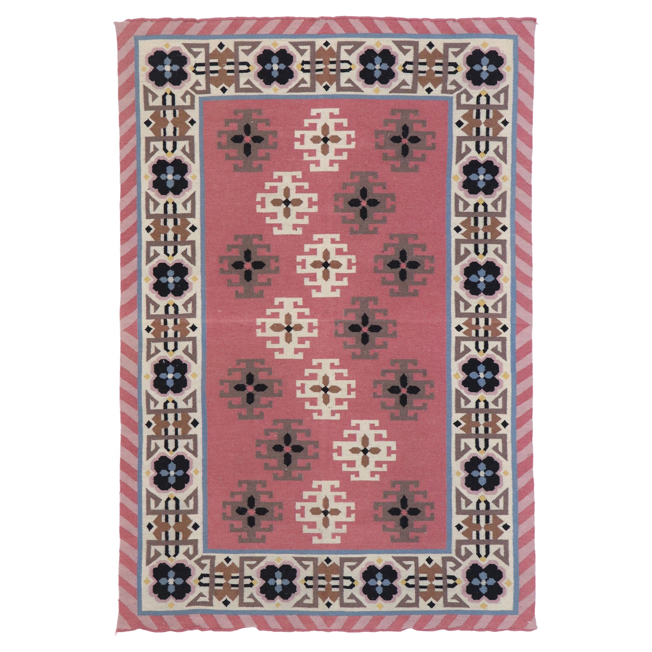 Rumänischer geometrischer Kelim-Teppich im Boho-Chic-Stil, Rumänischer Stammesstil