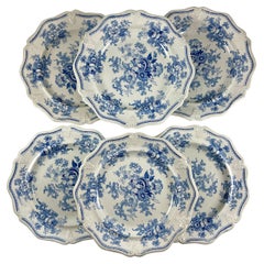 Antique Jones & Walley Blue Amaranthine Flowers English Transferware Dinner Plates, S/6