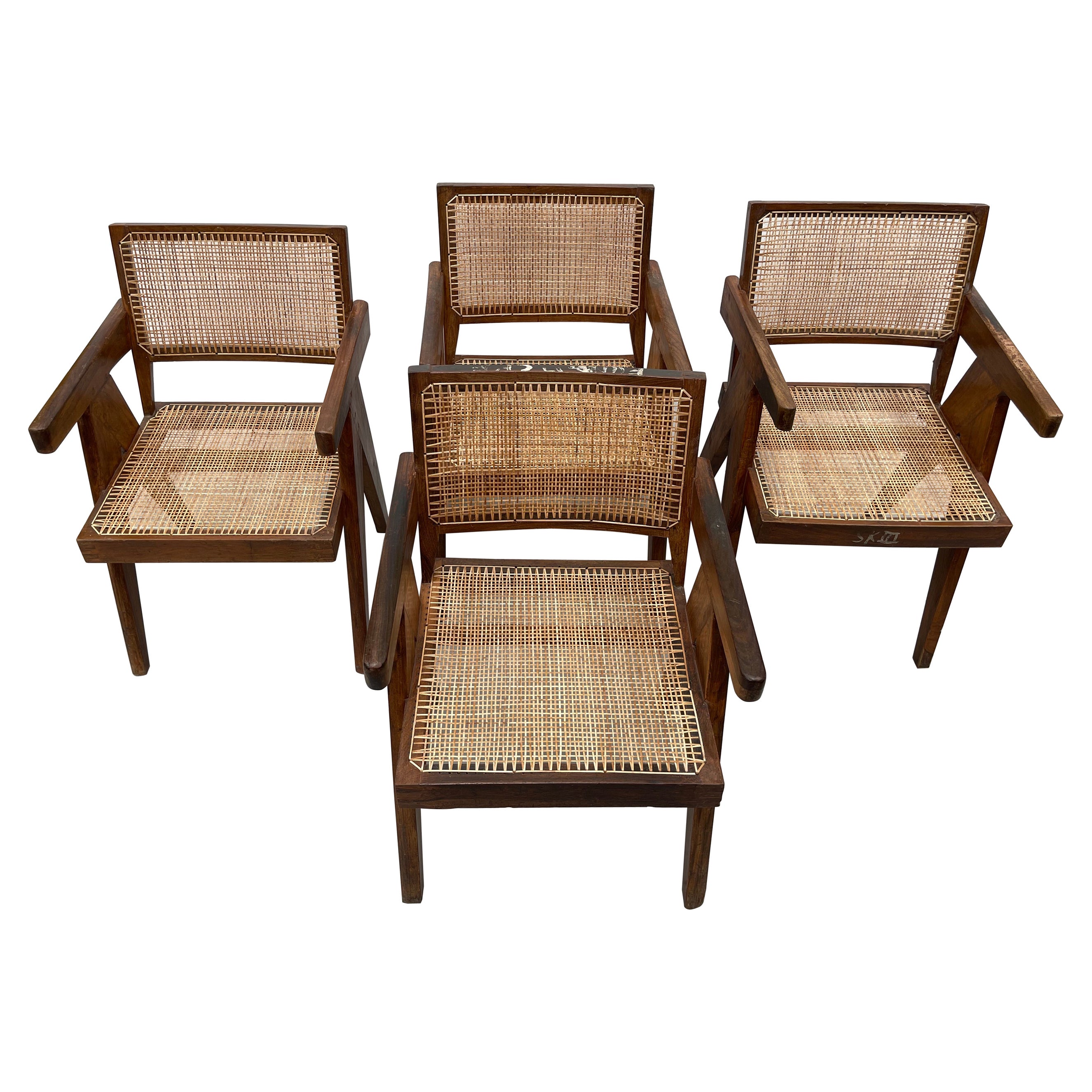 Set of Four Pierre Jeanneret Office Chairs with Rare Stencil Marks