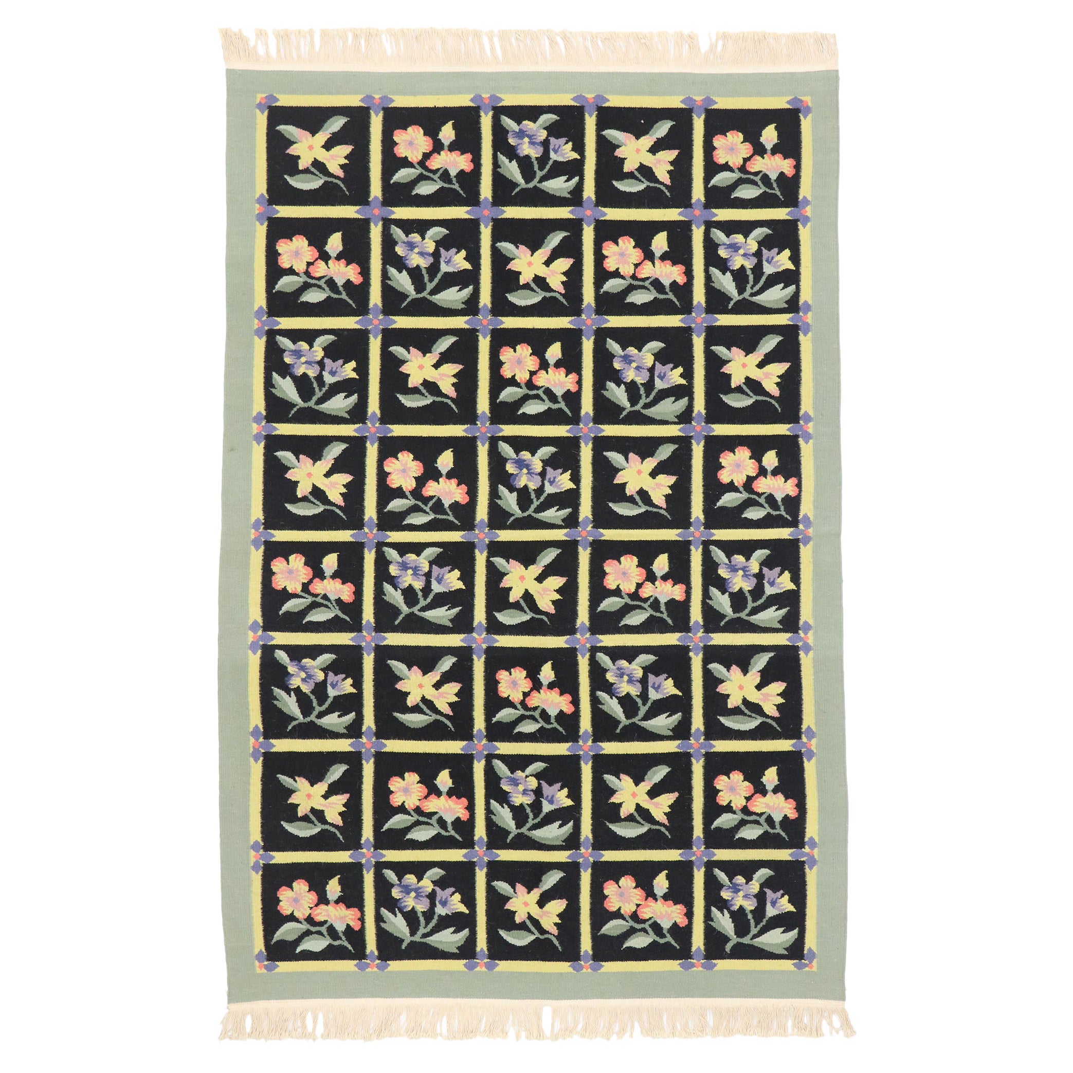 Alfombra Kilim Floral China Vintage de Estilo Campestre Inglés