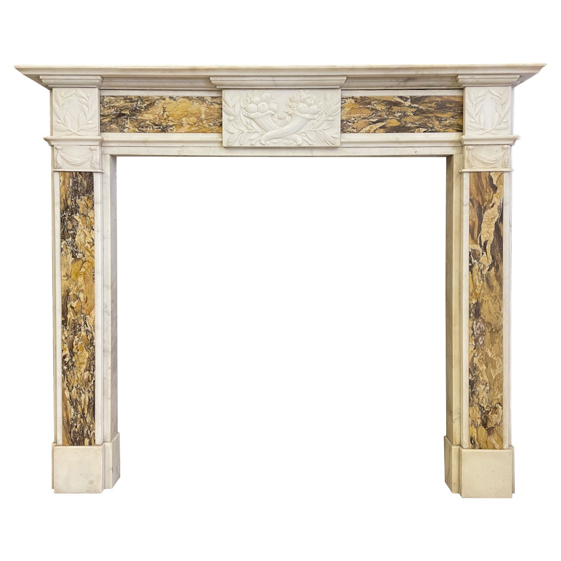 Georgian Style Statuary White and Siena Marble Fireplace Mantel For Sale