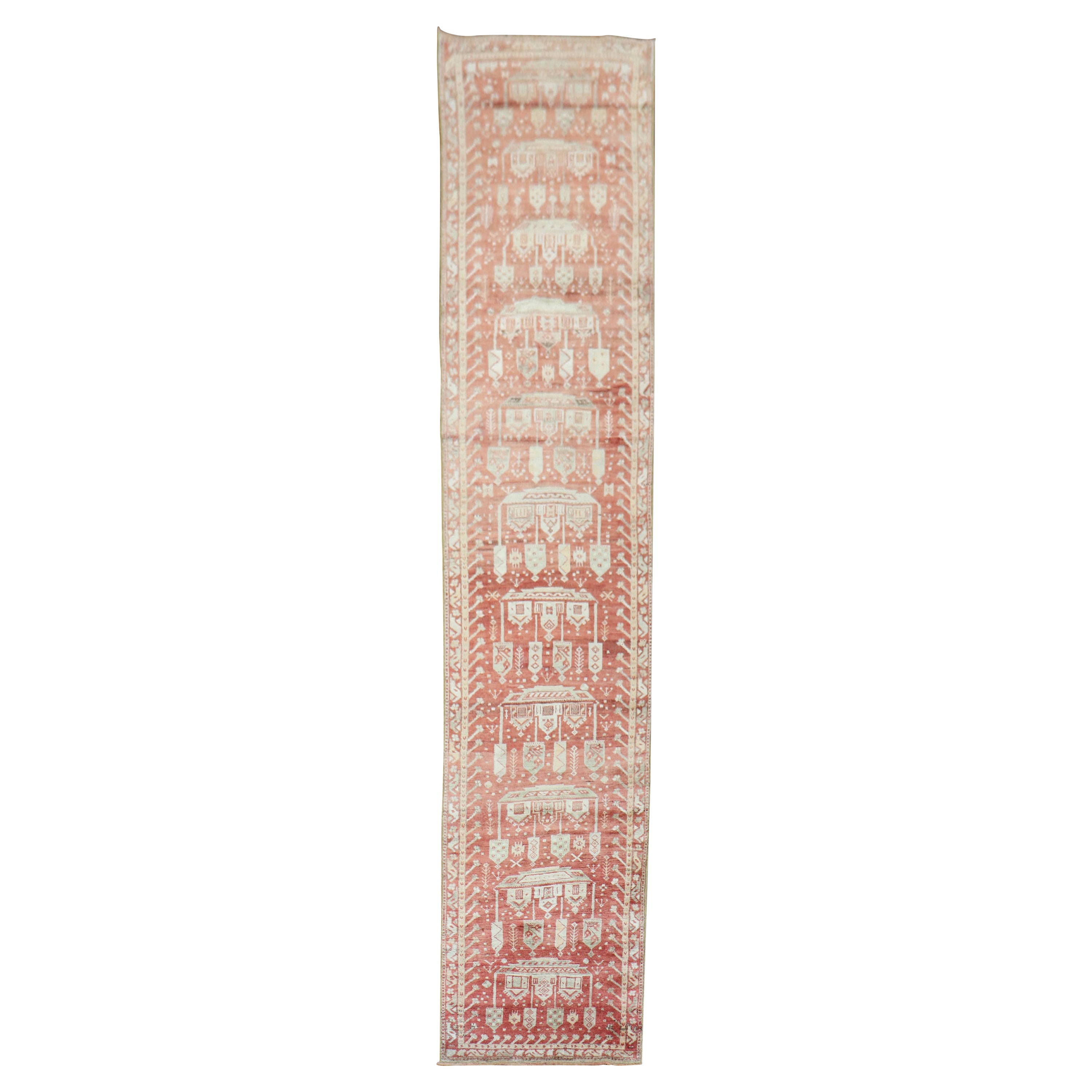 Whimsical Red Turkish Fine Narrow Runner For Sale