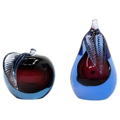 Retro Murano Art Glass Apple and Pear, Hand Blown, Blue, Purple, Excellent Condition