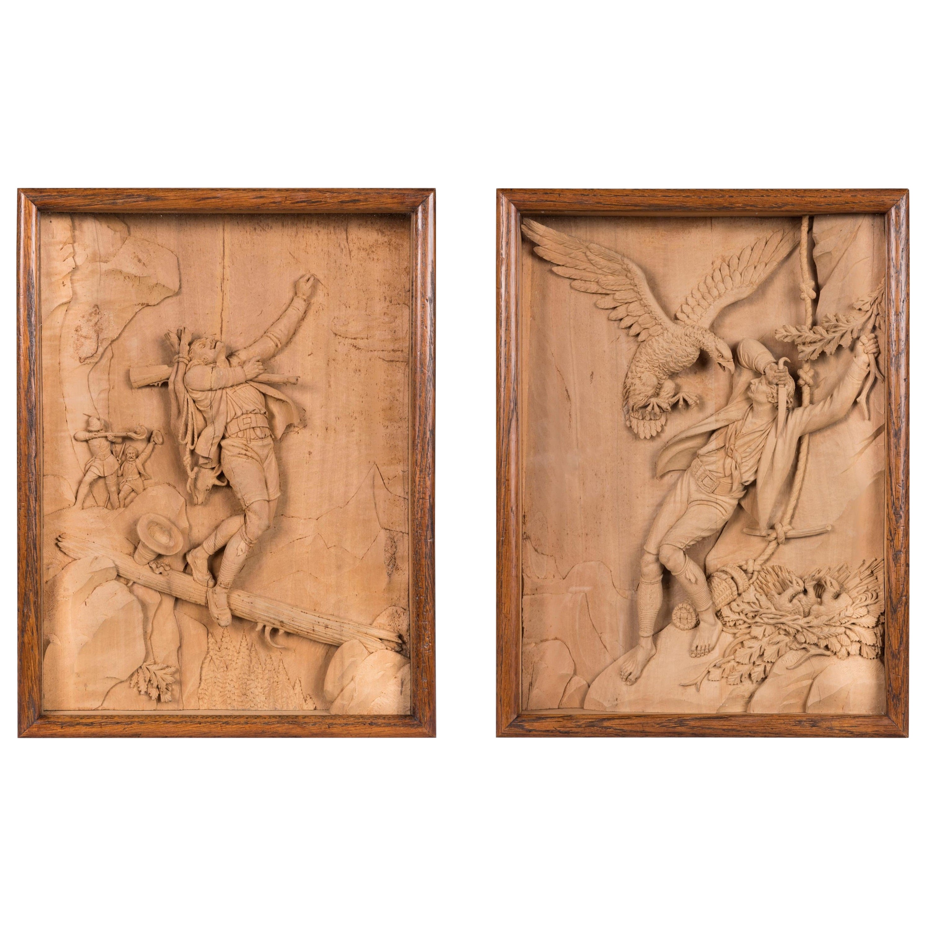 19th Century Pair of Carved Relief Limewood Shadow Boxes