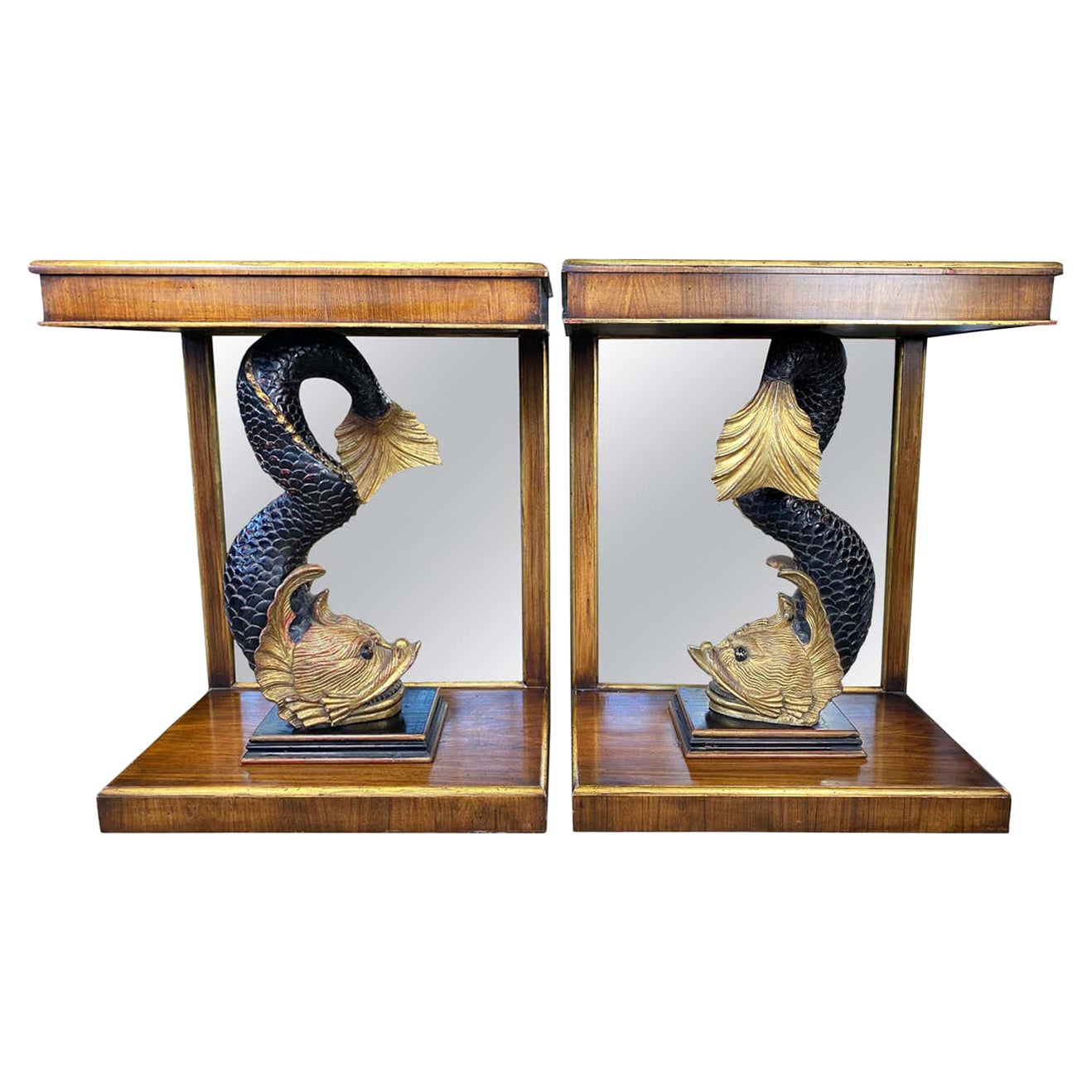 Pair of Regency Mirror Back Dolphin Console Tables, 19th Century