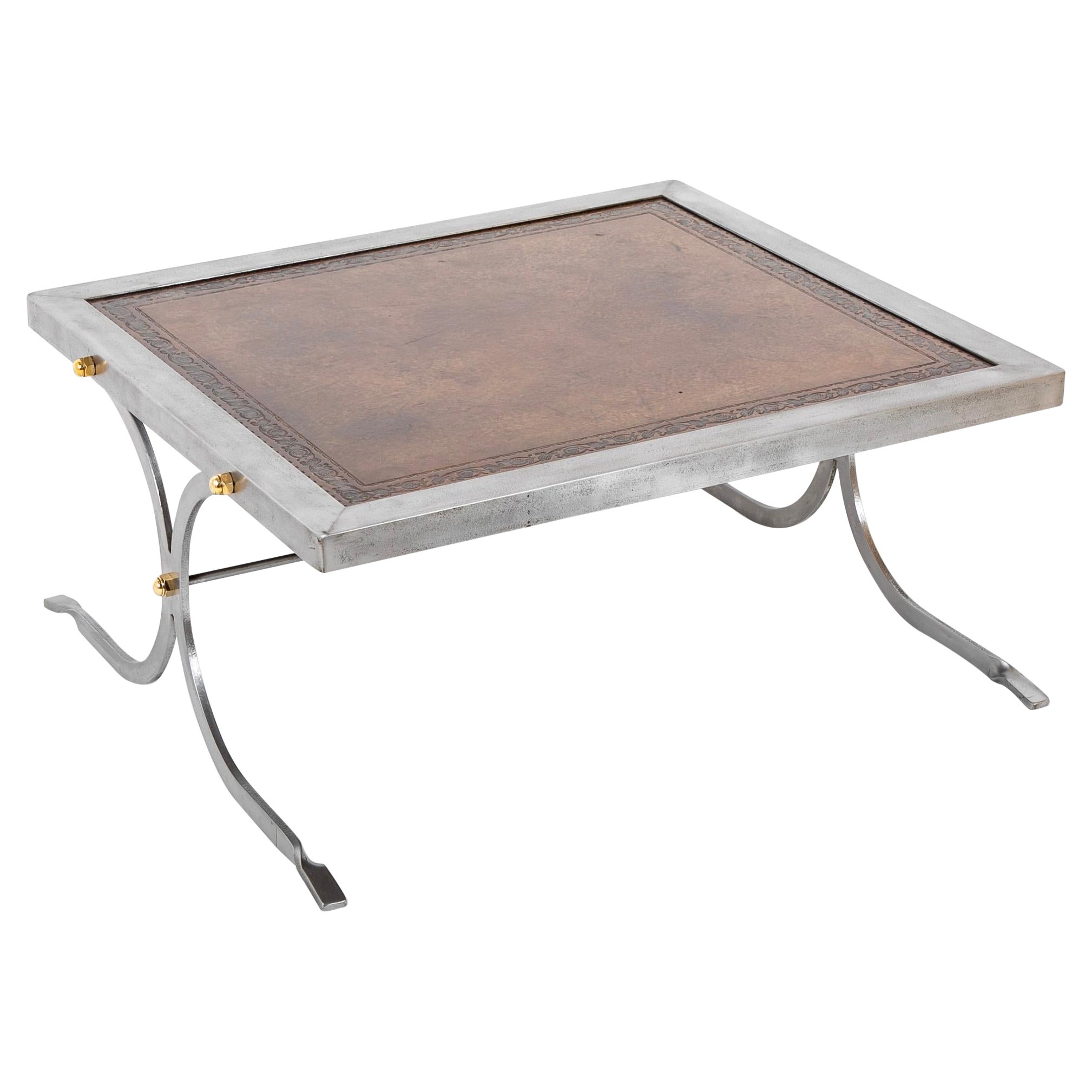 French Maison Jansen Style Polished Steel, Brass and Leather Coffee Table For Sale