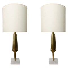 Pair of Contemporary Brass Lamps on Square Marble Bases