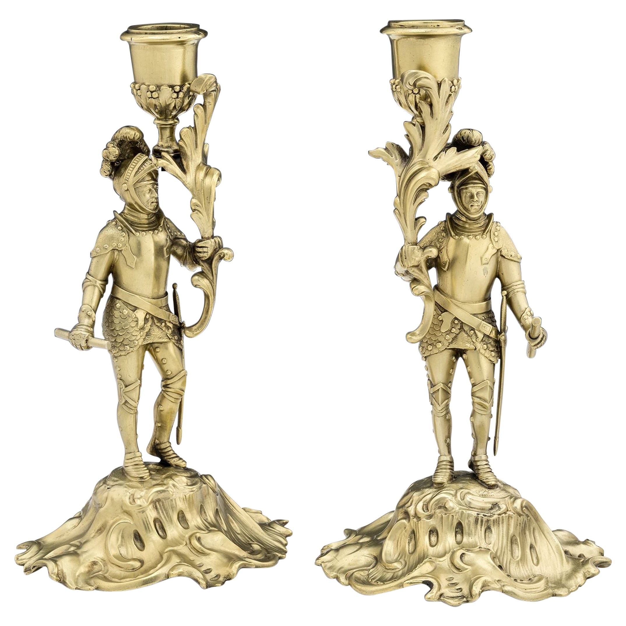 Pair of Silver Gilt Cast Candlesticks, London, 1847, by C T & G Fox