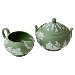 Antique Set of Sage Green Wedgwood Jasperware Sugar Bowl and Creamer