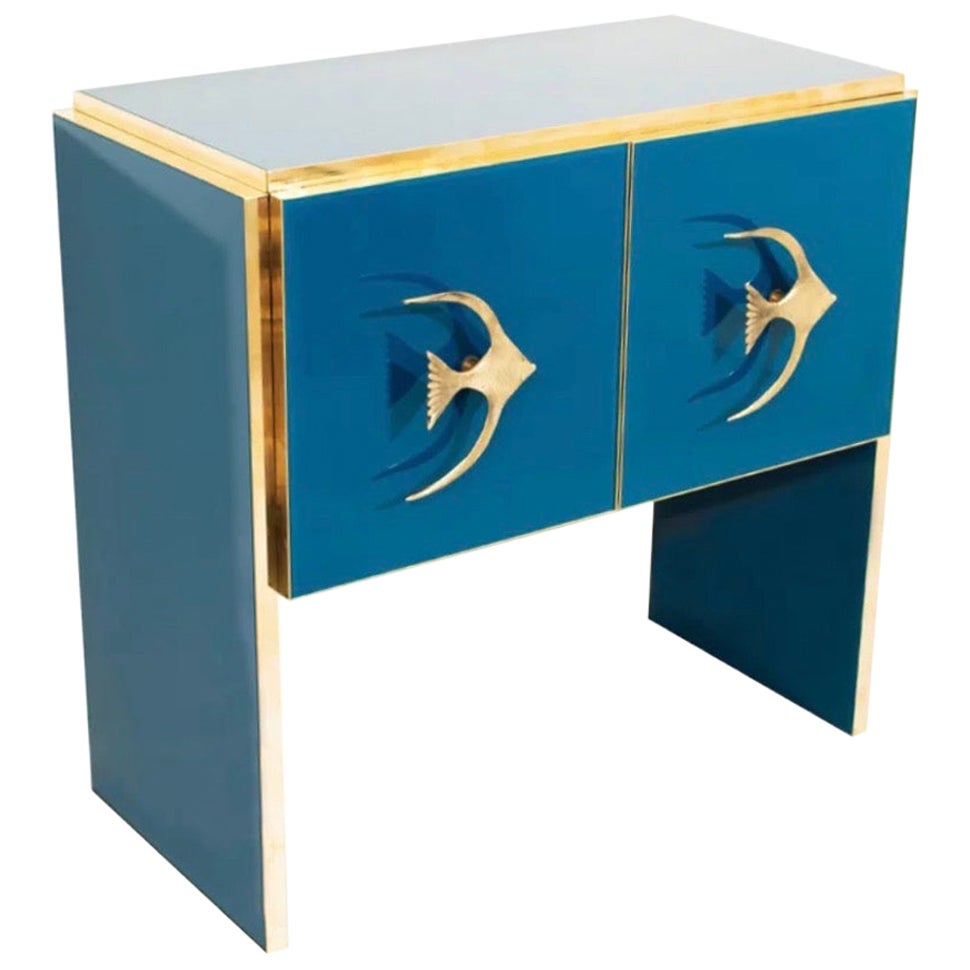 Modern Italian Custom Design Brass Edged & Fish Marine Decor Teal Blue Cabinet For Sale