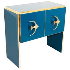 Modern Italian Custom Design Brass Edged & Fish Marine Decor Teal Blue Cabinet