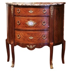 19th Century French Louis XV Bombe Demilune Marquetry Commode with Marble Top