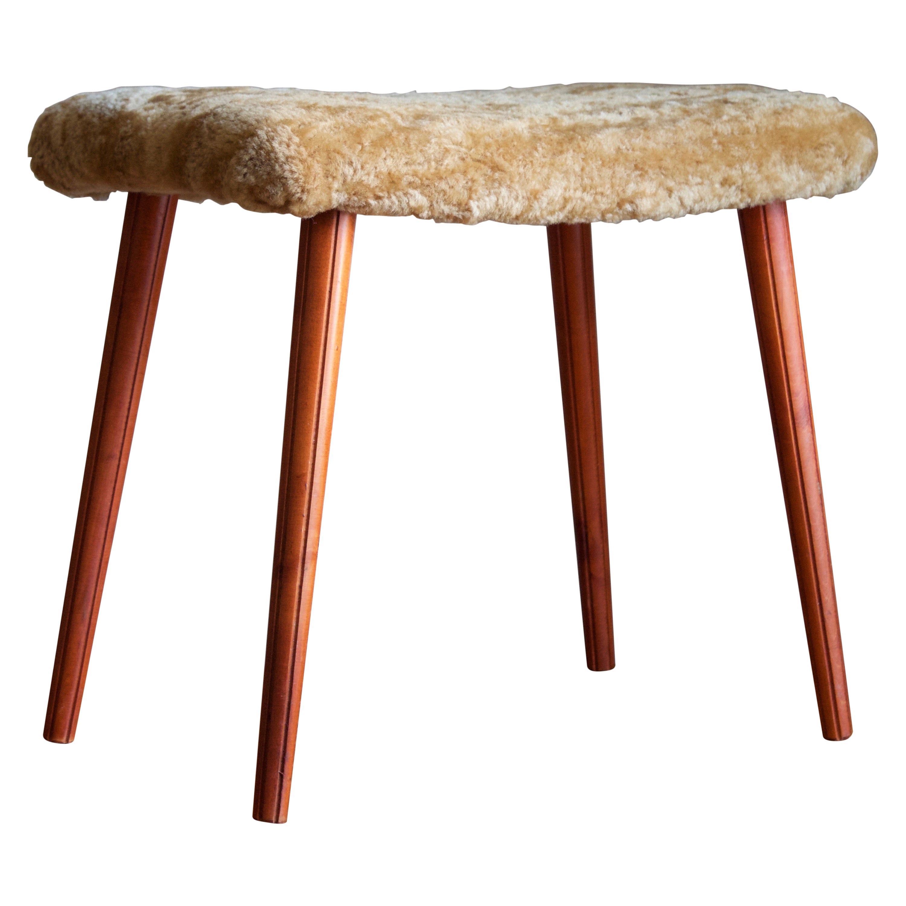 Swedish Designer, Stool, Stained Wood, Sheepskin, Sweden, 1950s