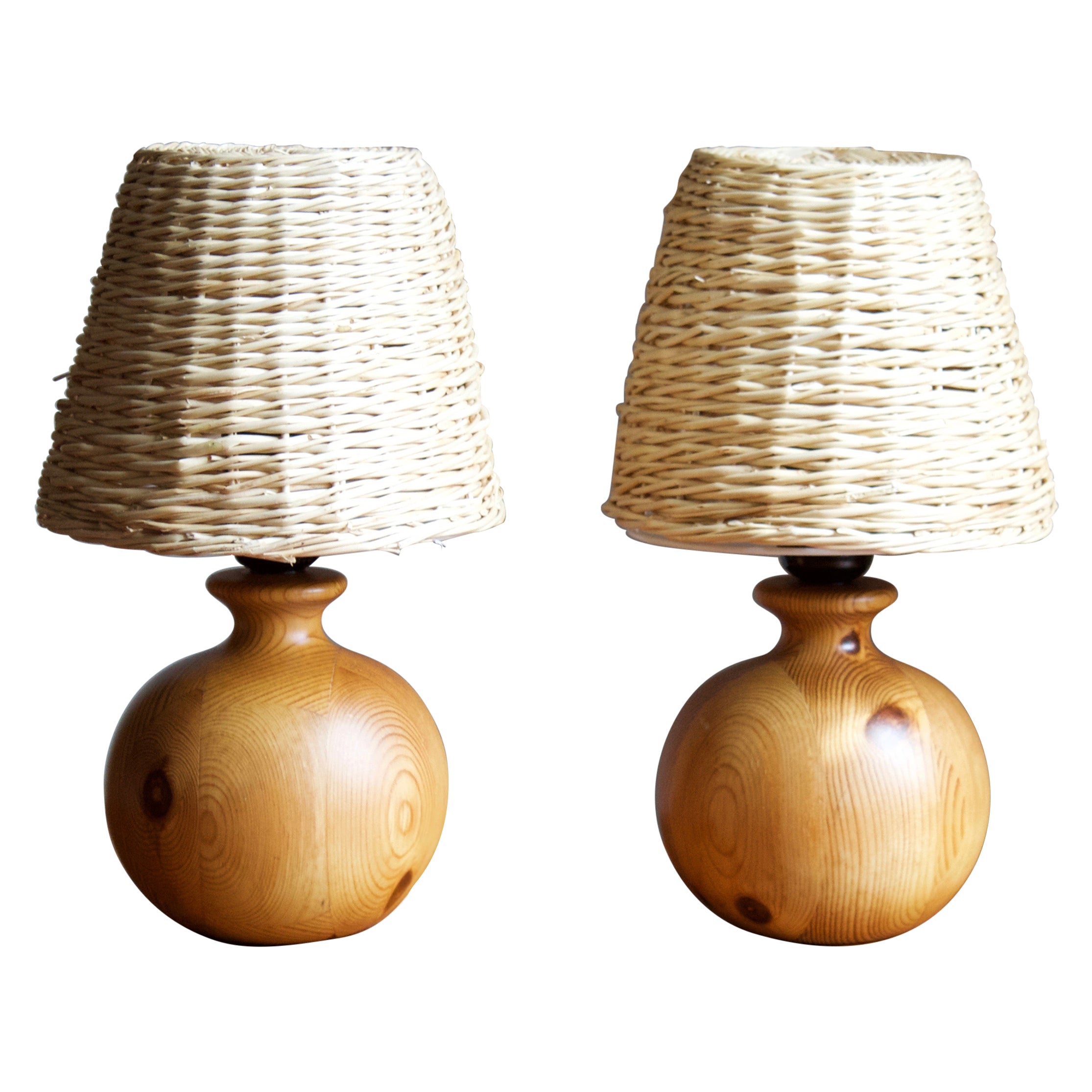 Swedish, Table Lamps, Solid Pine, Rattan, Sweden, 1970s