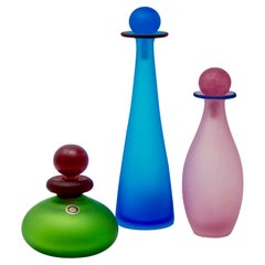 Trio of Multi Color Murano Satin Glass Bottles with Stoppers
