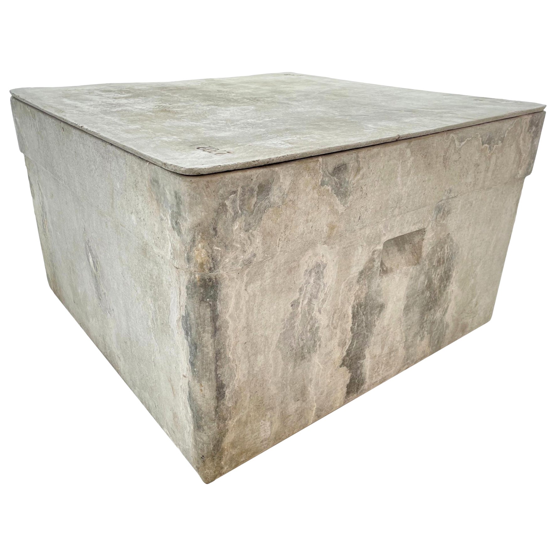 Sculptural concrete box by Willy Guhl. Handmade in Switzerland, in the 1960s. Rounded rectangular frame with indented handles. Unusual object perfect for storage or as a tree planter. Very good condition. Great patina. Removable concrete lid.