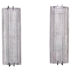 Pair New Large Clear Ribbed and Textured Murano Glass Sconces
