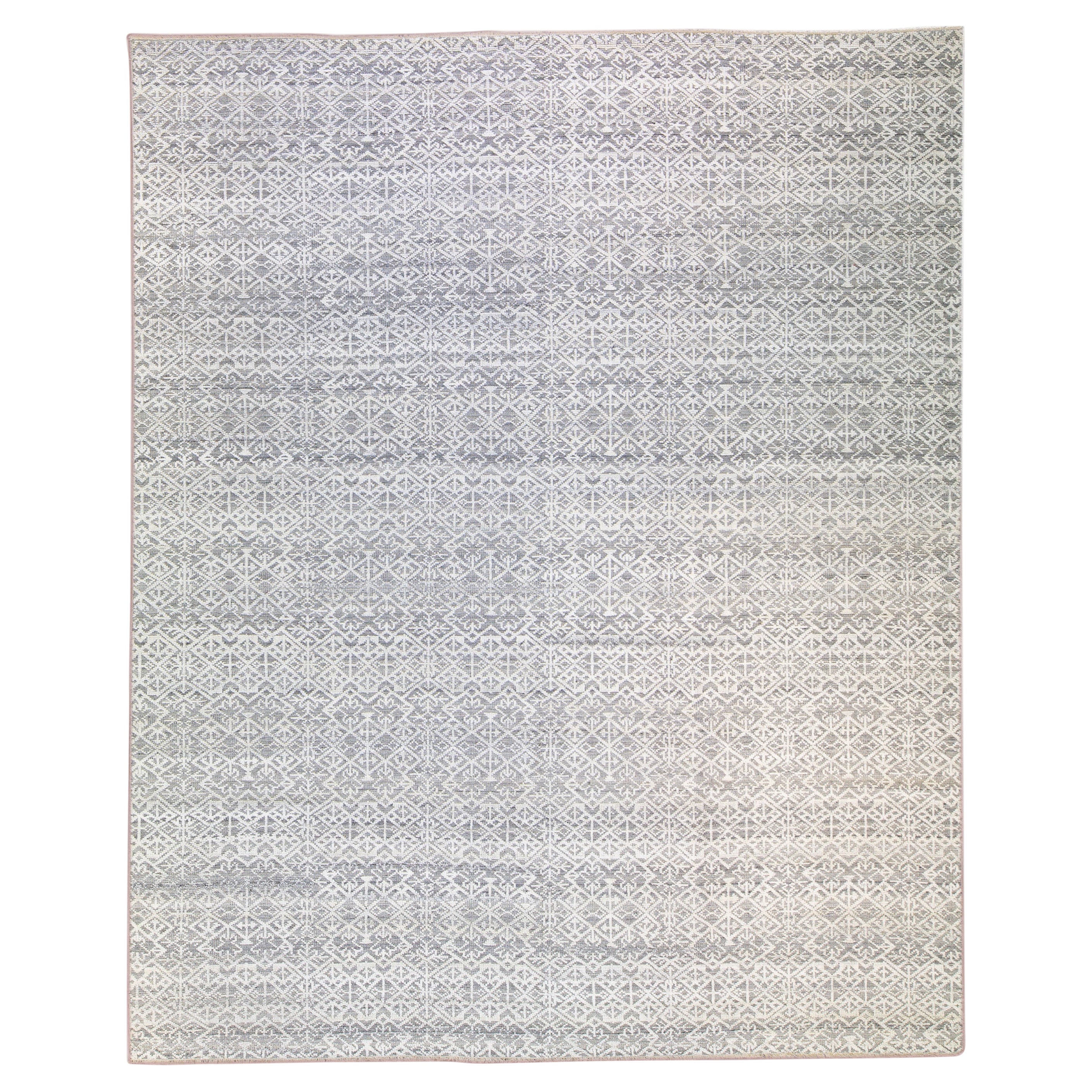 Modern Transitional Gray and Ivory Handmade Allover Geometric Oversize Wool Rug For Sale