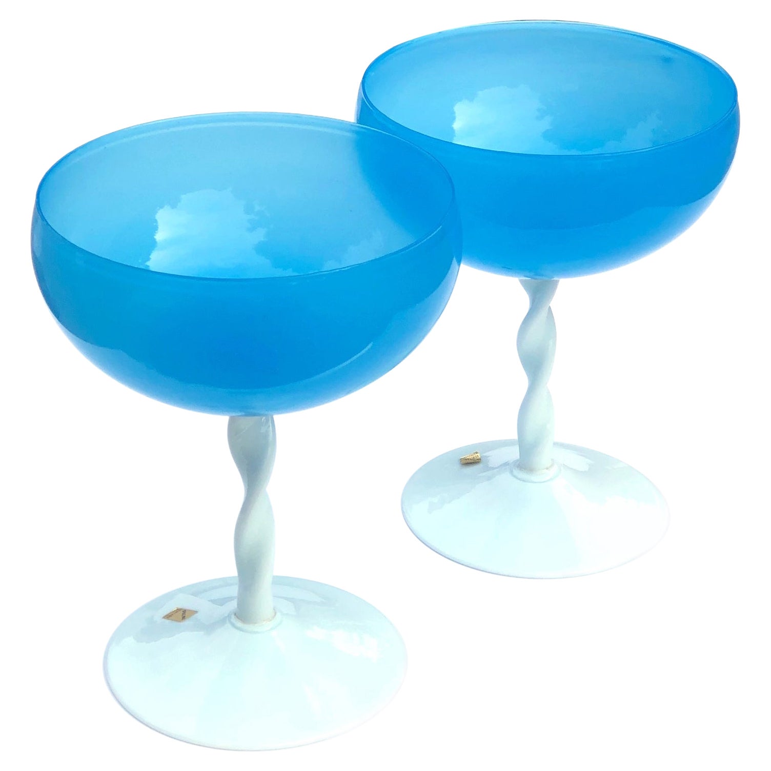 Pair of Italian 1950's Sky-Blue Opaline Glass Compotes For Sale