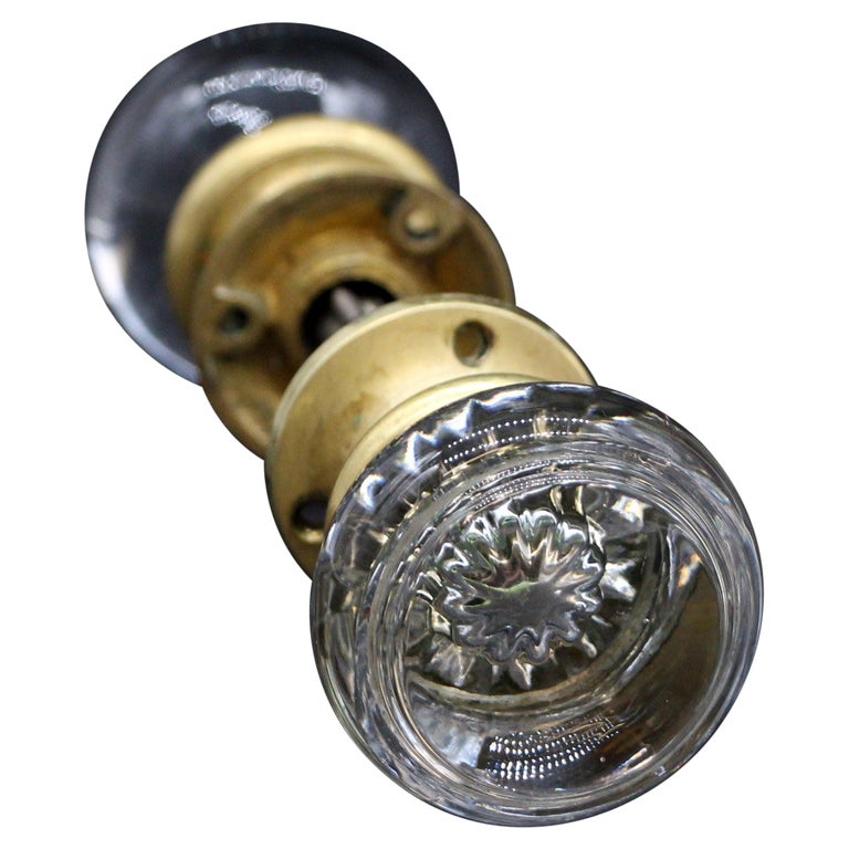 Antique Door Knob Set Clear Glass with Brass Rosettes and Spindle