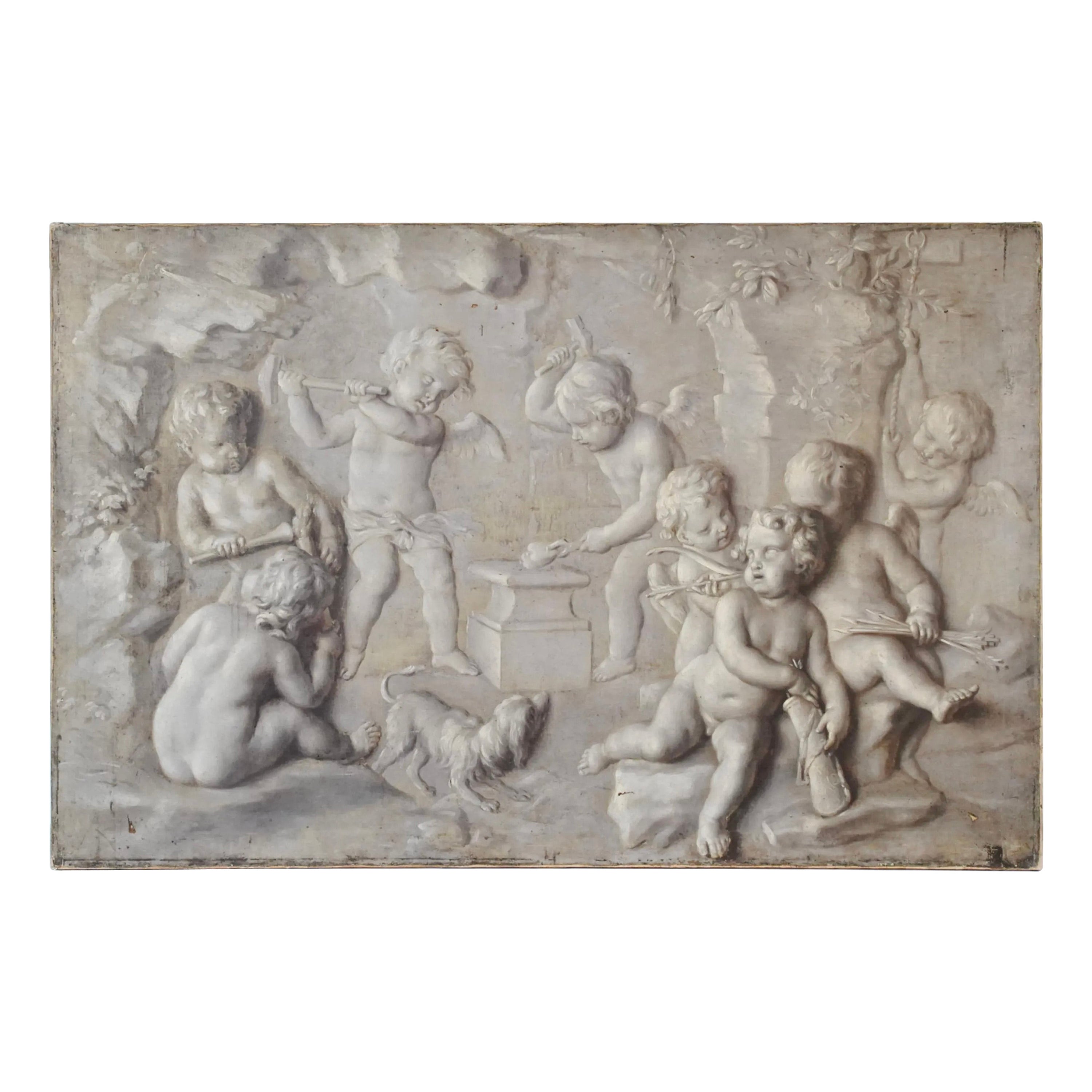 18th Century Grisaille Painting of Putti Attributed to Piat Joseph Sauvage