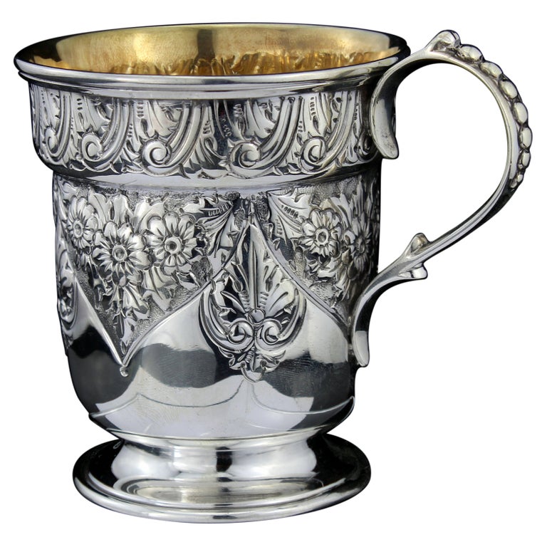 Antique Victorian Sterling Silver Chased Mug, Charles Edwards For Sale