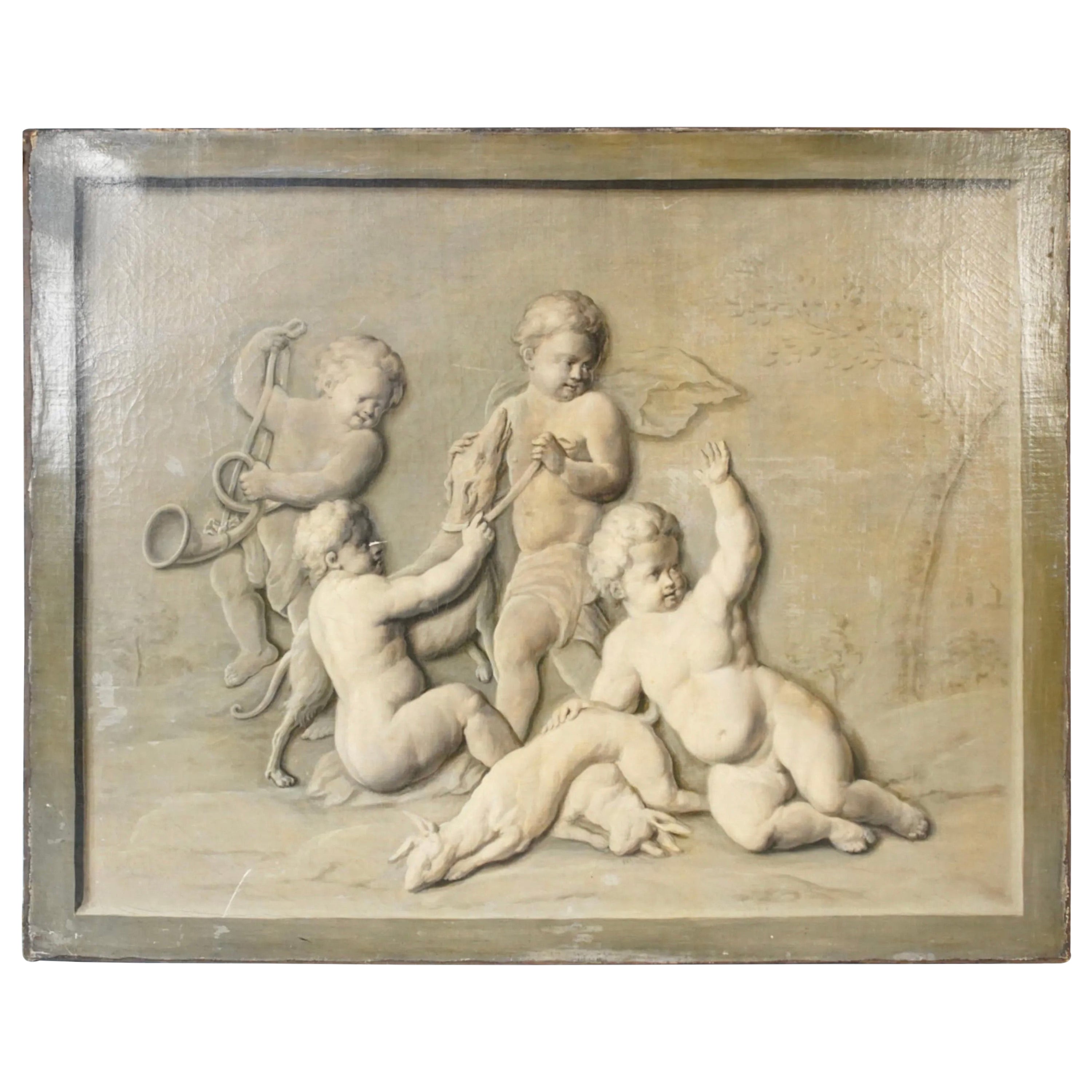 18th Century French Grail Painting of Putti in a Hunt For Sale