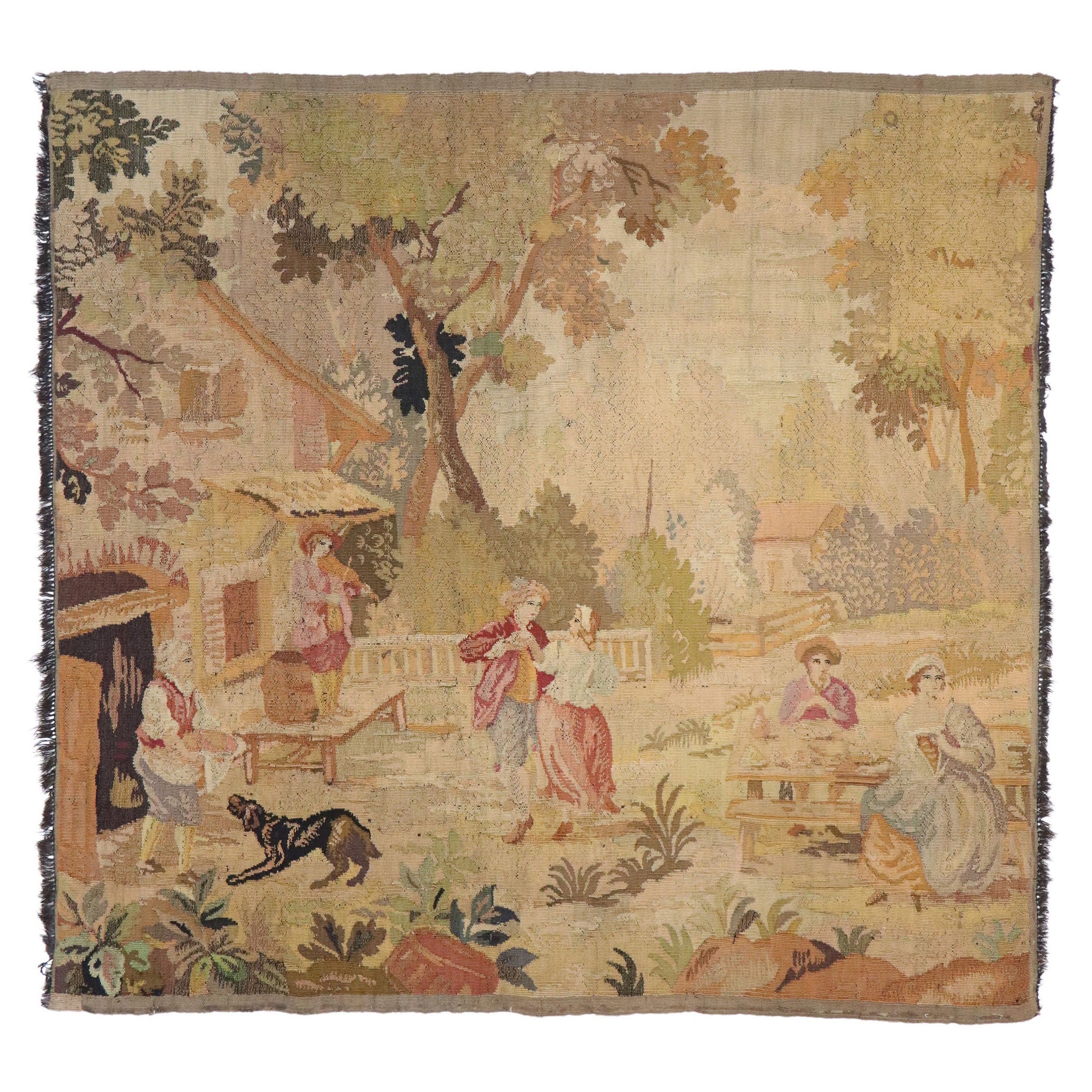 Tapisserie pastorale française ancienne d'Aubusson de style Louis XV, La Danse en vente