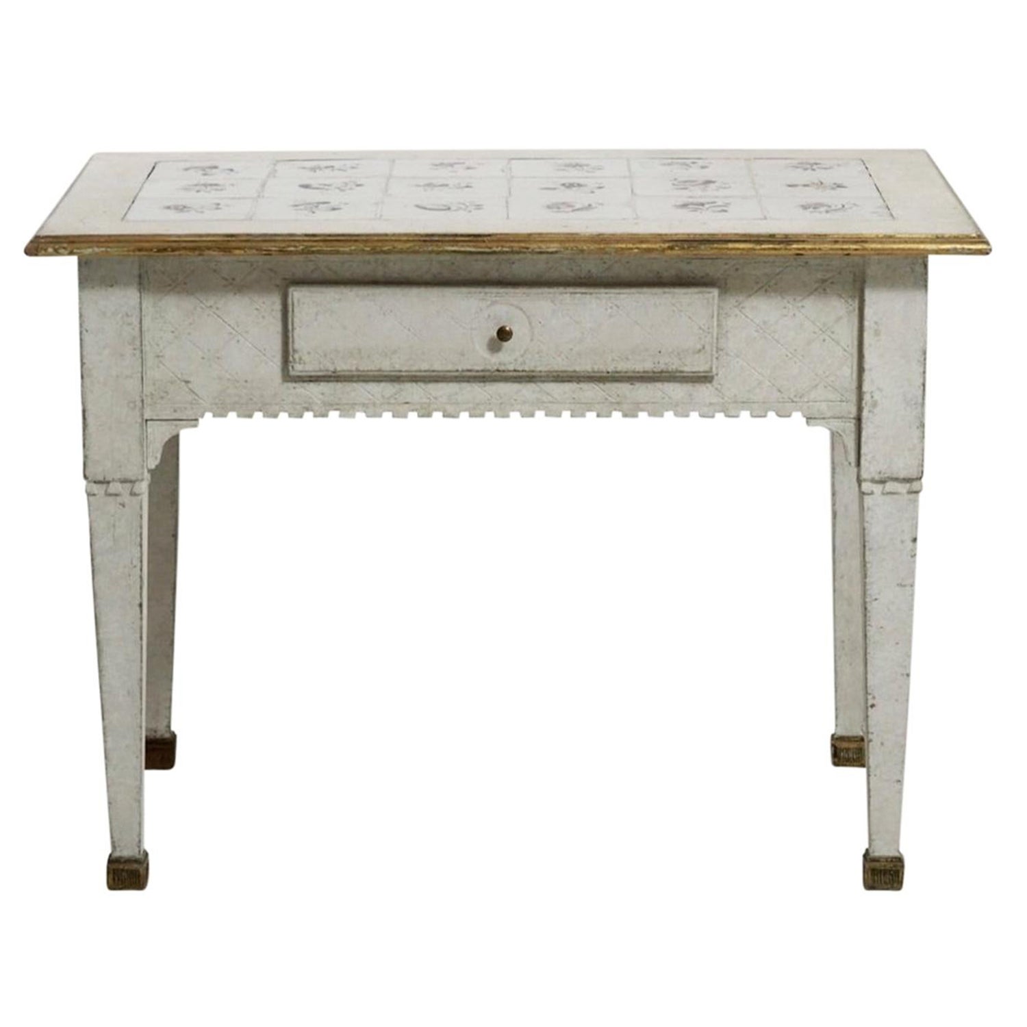 18th-19th Light-White Swedish Gustavian Tile Top Table, Small Pinewood Table