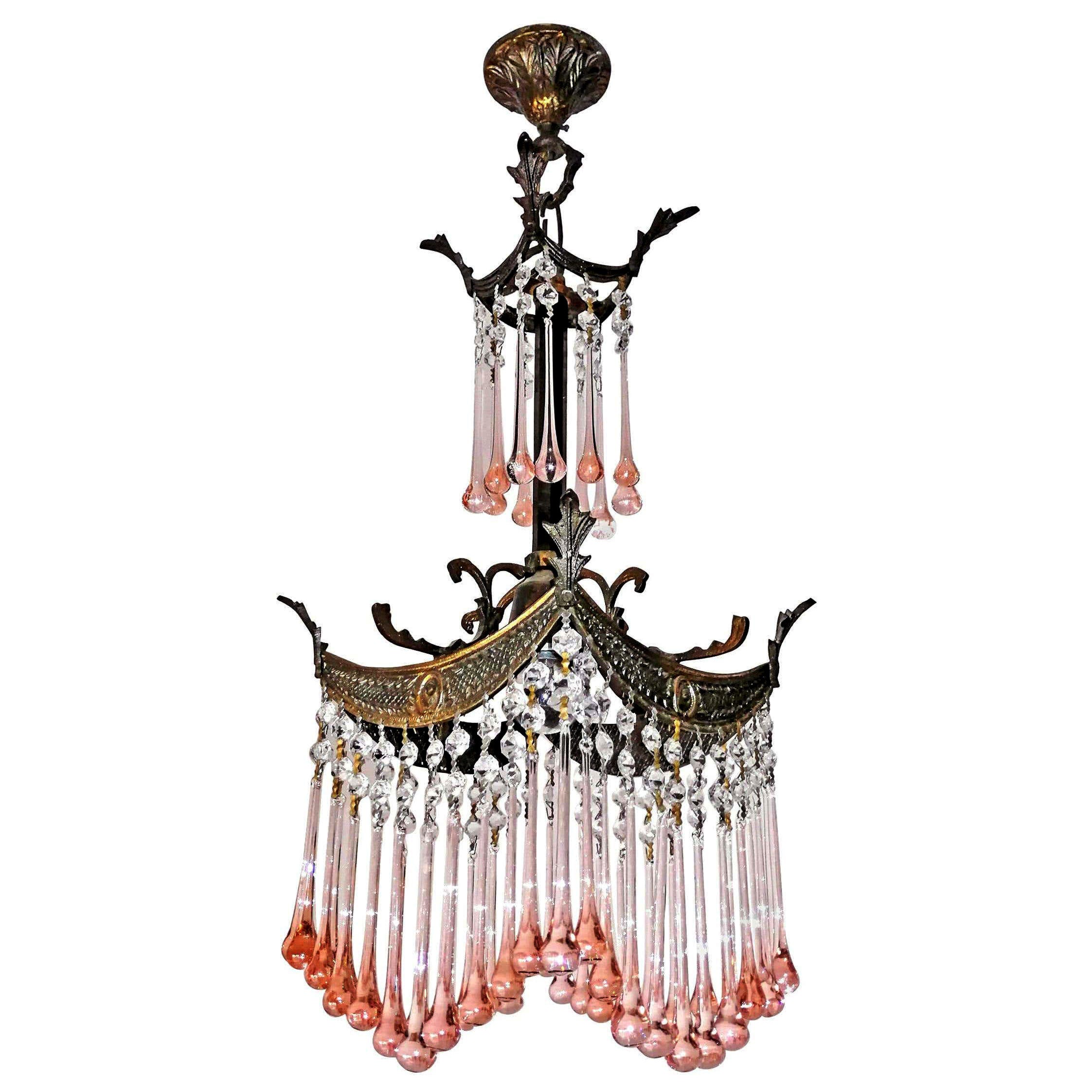 Italian Art Nouveau & Art Deco Murano Pink Crystals Tear Drop Bronze Chandelier For Sale