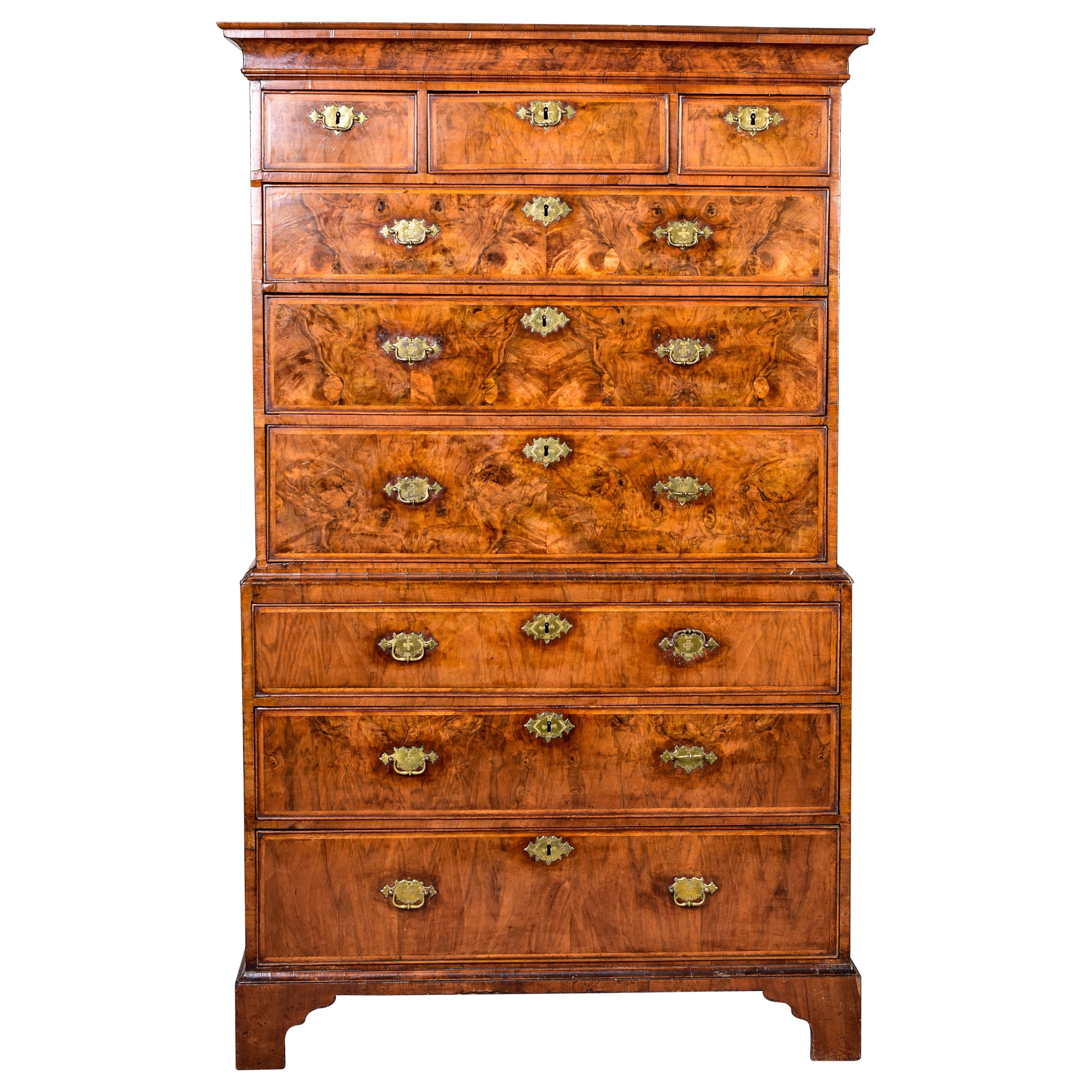 English George III 18th C Burl Walnut Chest on Chest with Original Hardware