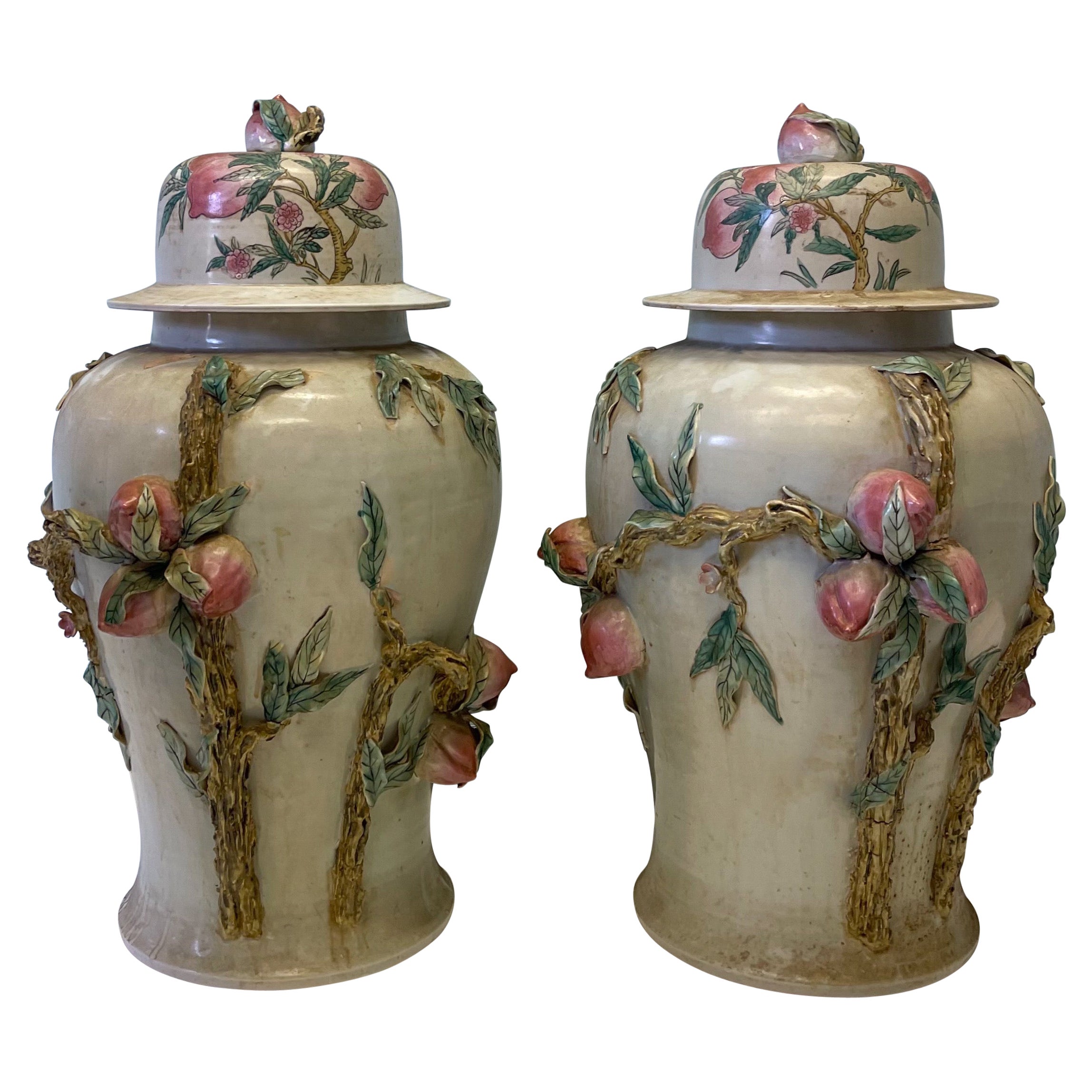 Monumental Chinese Ginger Jars with Fruit and Faux Bois Foliate, Pair