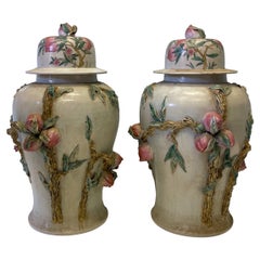 Vintage Monumental Chinese Ginger Jars with Fruit and Faux Bois Foliate, Pair