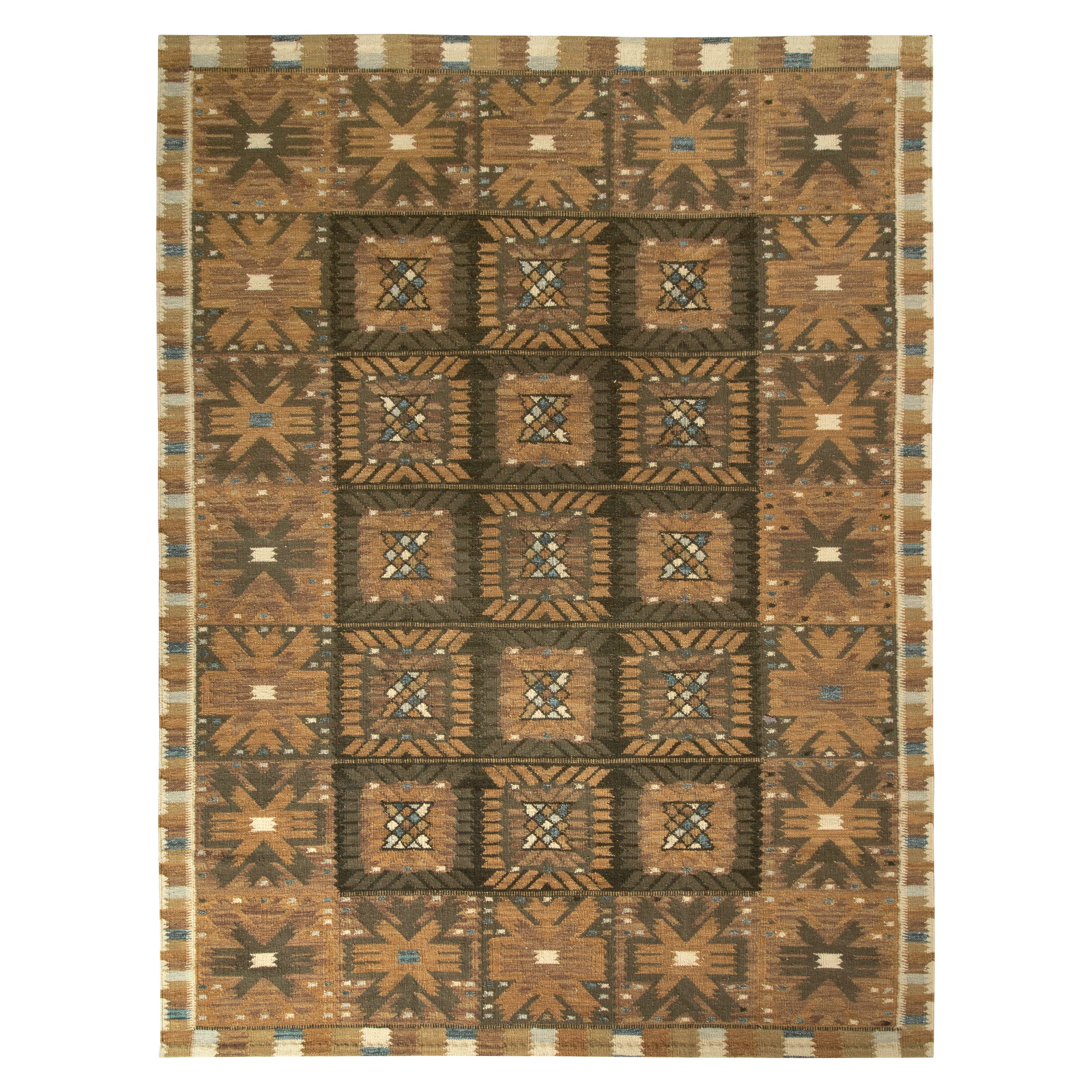 Teppich & Kilims Kelim-Teppich im skandinavischen Stil mit goldenem, braunem geometrischem Muster im Angebot