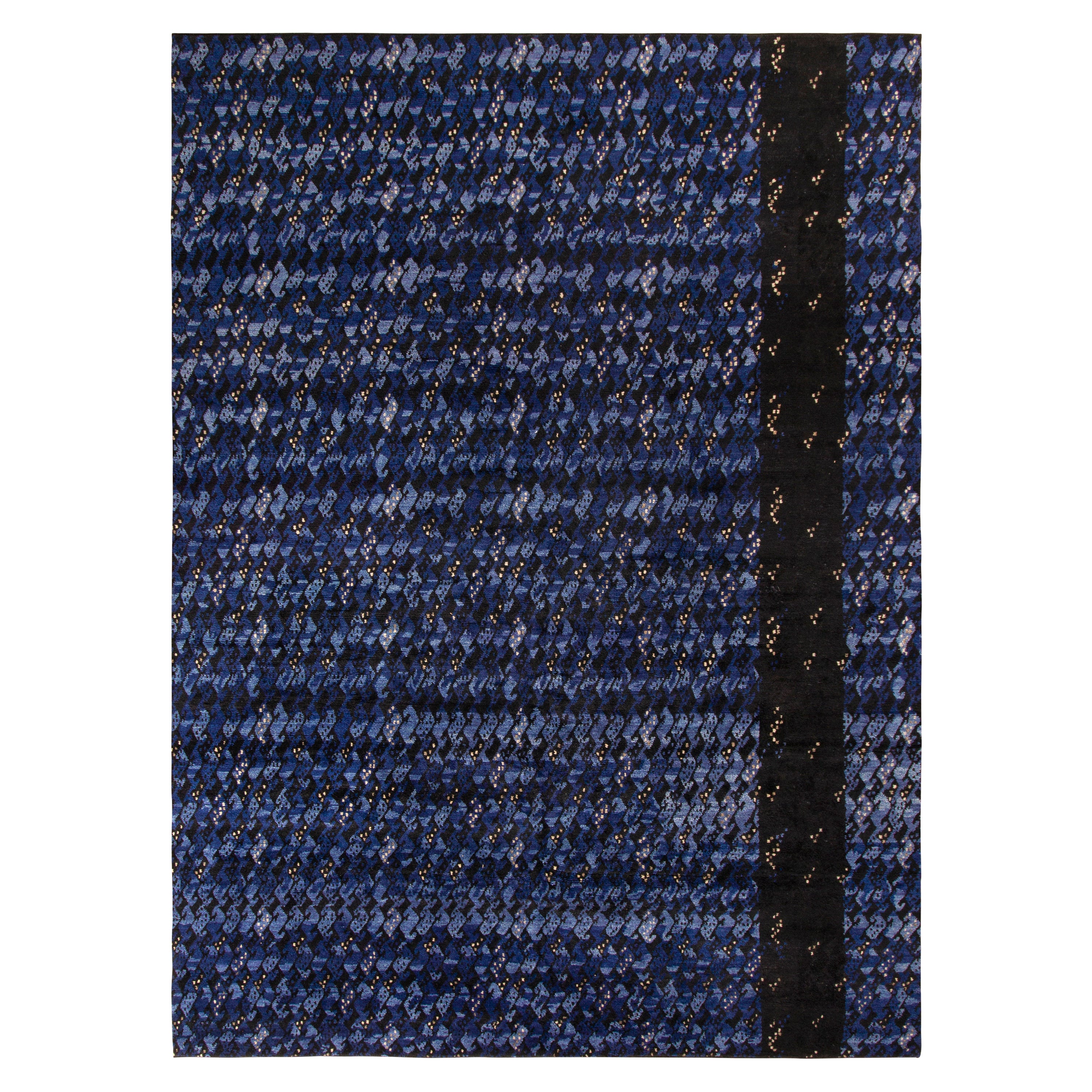Rug & Kilim's Teppich im skandinavischen Stil, blau, schwarz, geometrisch gemustert