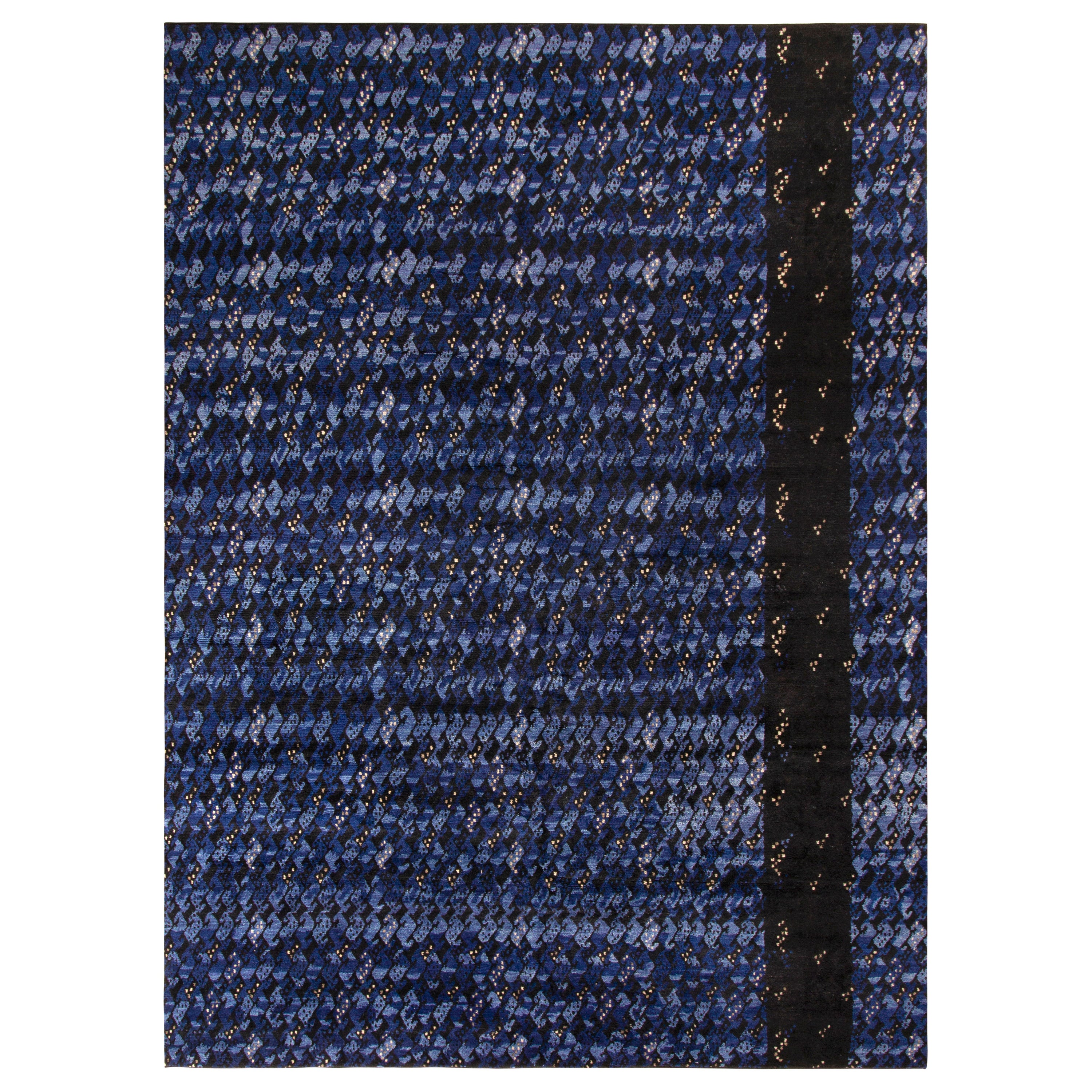 Rug & Kilim’s Scandinavian Style Rug in All over Blue, Black Geometric Pattern For Sale