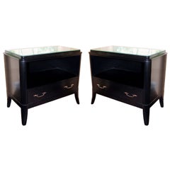 Contemporary Modern Hinkel Harris Pair Ebonized Wood Nightstands Side End Tables