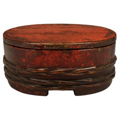 Antique Lacquered Wood Food Container Bound by  Bamboo, Japan, Early 20th Century