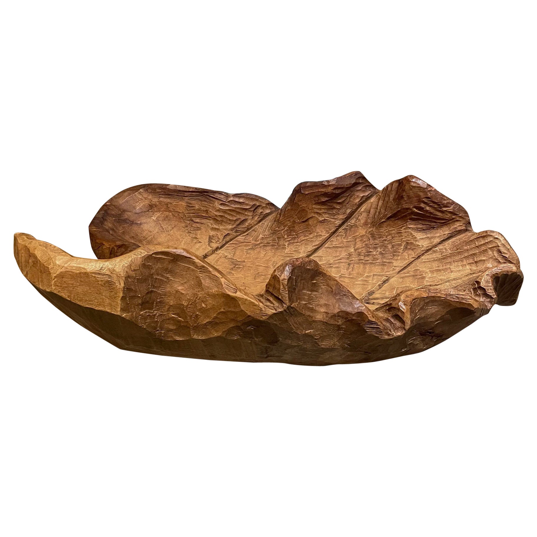 Graceful Organic Modern Free Form Textured Wood Bowl Large Leaf, 1980s