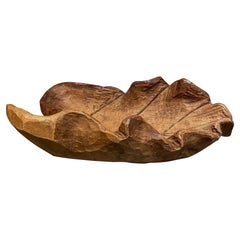 1980s Large Leaf Textured Wood Bowl Modern Organic Form