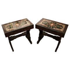 Modern Vintage Pair of Inlaid Asian Carved Wood & Glass Side Tables, 1980s