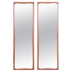 Thomasville Mid-Century Modern Sculpted Walnut Framed Tall Mirrors, Pair